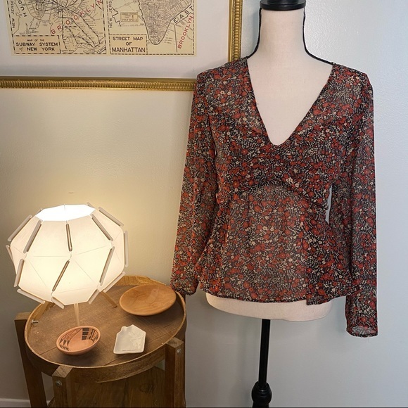 Zara Tops Zara Floral Long Sleeve V Neck Blouse Size Xs Poshmark